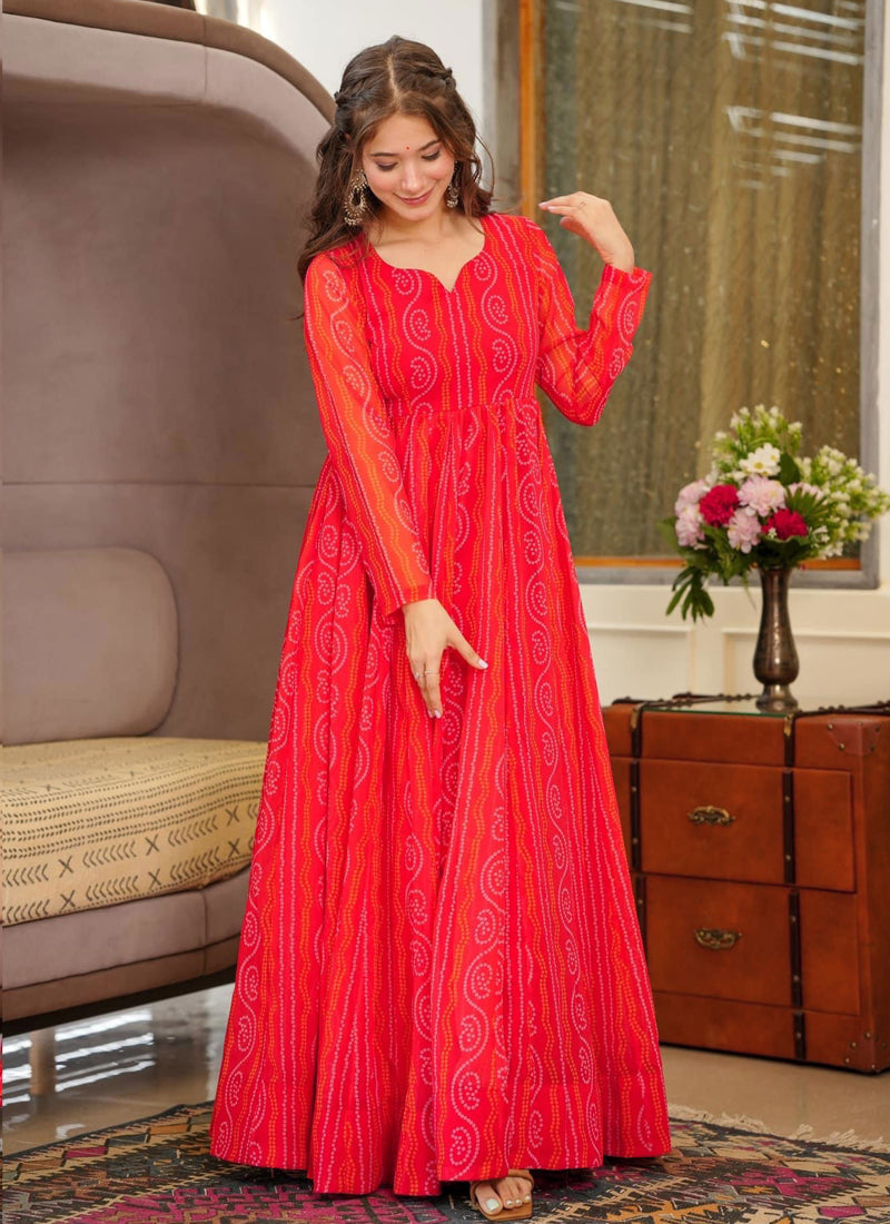 Vegaa Fashion Red Georgette Digital Print Designer Gown For Festive - Distacart