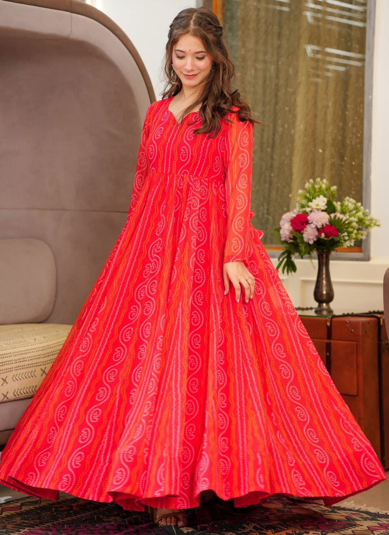 Vegaa Fashion Red Georgette Digital Print Designer Gown For Festive - Distacart