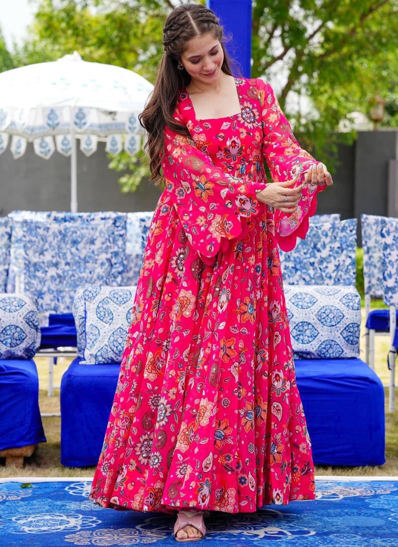 Vegaa Fashion Pink Georgette Digital Print Designer Gown For Festive - Distacart
