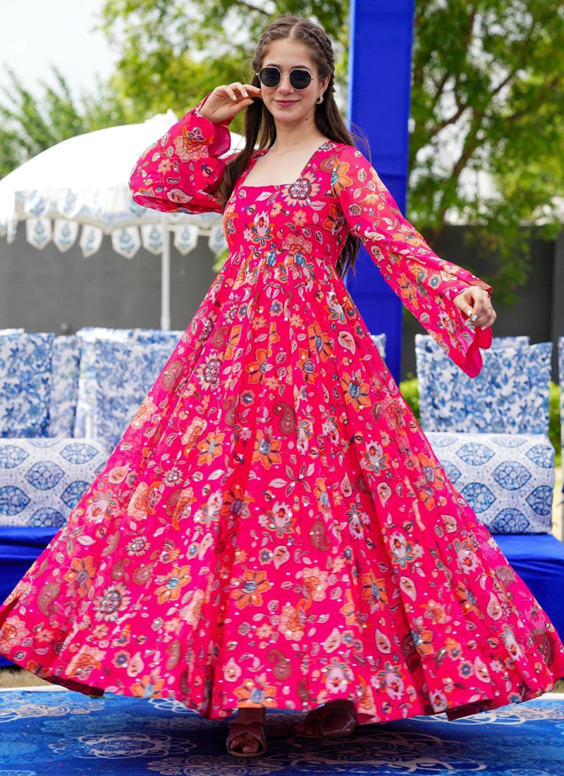 Vegaa Fashion Pink Georgette Digital Print Designer Gown For Festive - Distacart