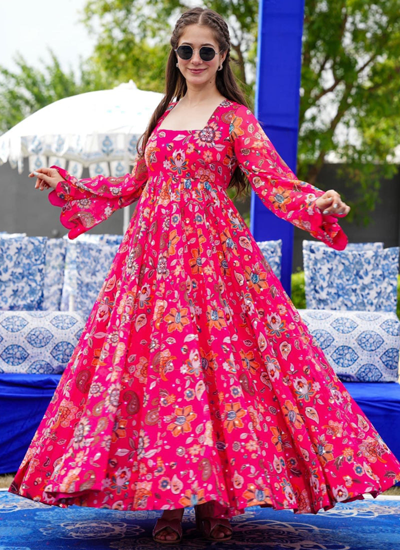 Vegaa Fashion Pink Georgette Digital Print Designer Gown For Festive - Distacart