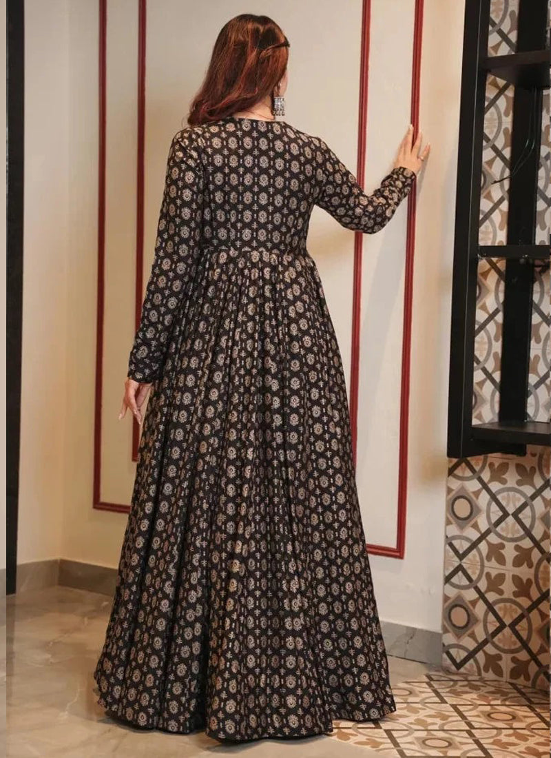 Vegaa Fashion Coal Black Muslin Digital Print Indo Western Gown For Wedding - Distacart