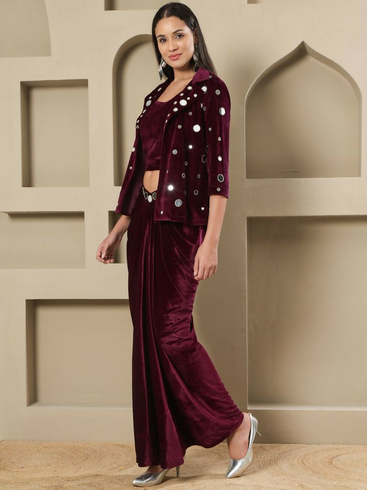 Joban Fashion Women Wine Velvet Hand Embellishment Stitched Dress - Distacart