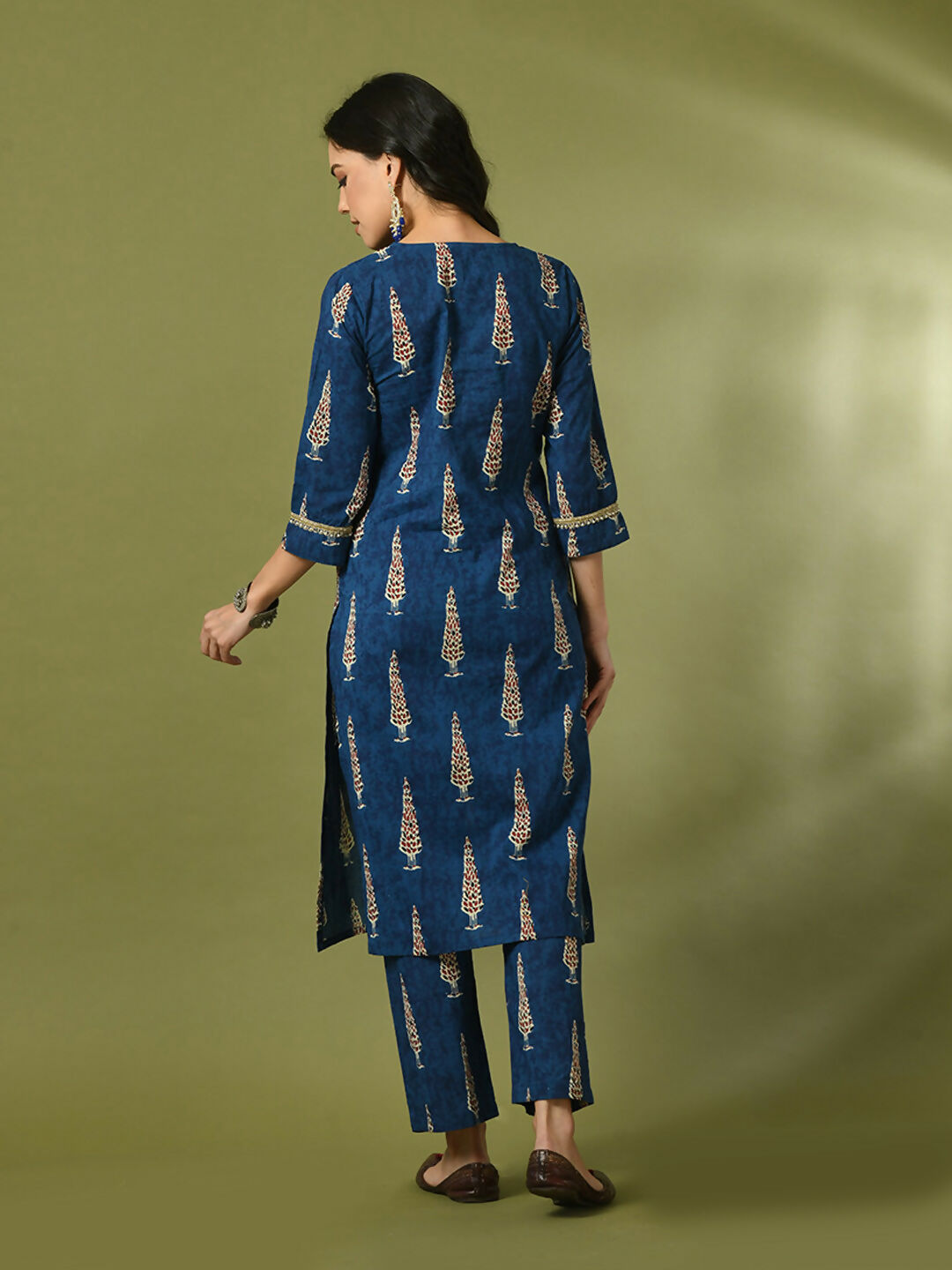 Myshka Women's Blue Printed Cotton Straight Party Kurta Set