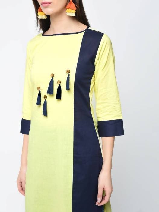 Aniyah Cotton Color Block Yellow Straight Kurta With Tassels (AN-103K)