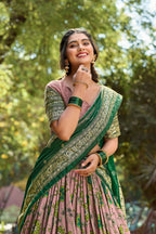 Vastranavya Kalamkari Print With Foil Print Lehenga with Unstitched Printed Blouse - Onion