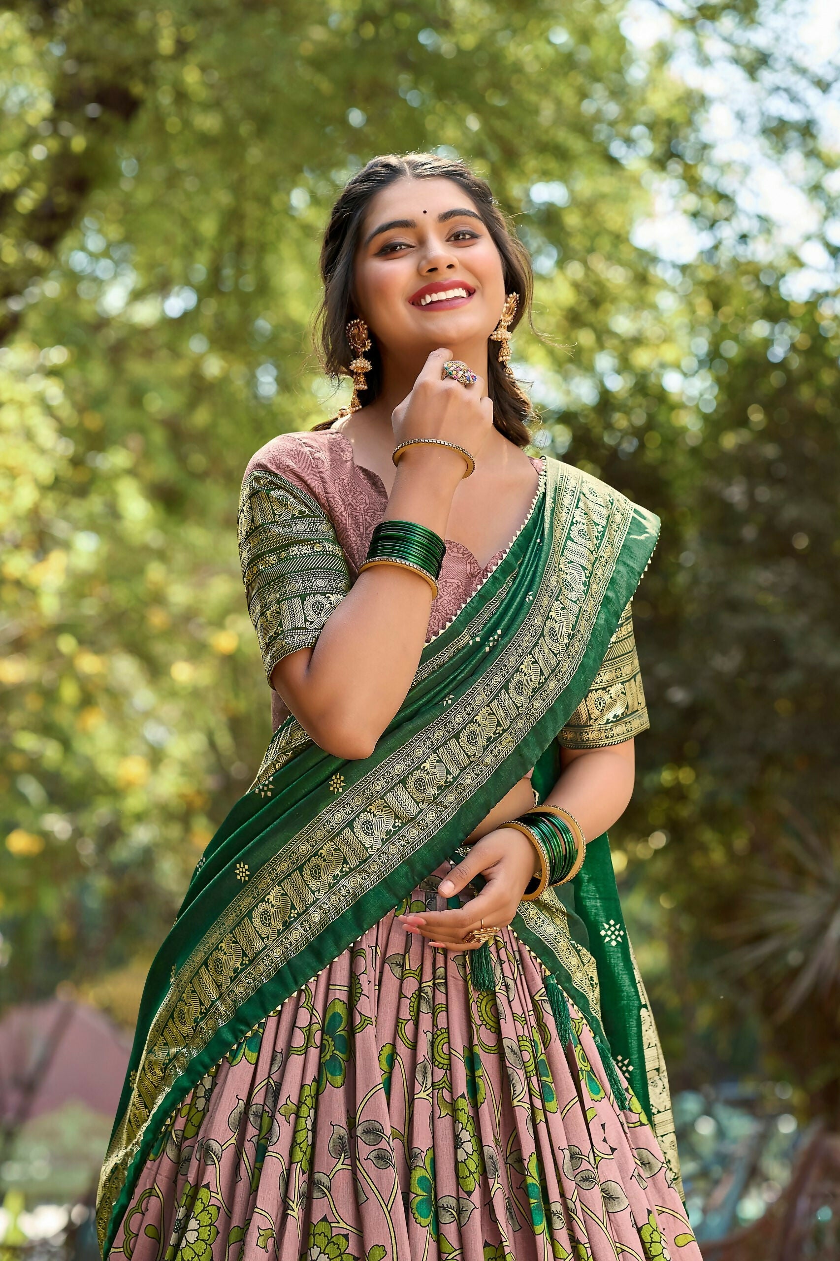 Vastranavya Kalamkari Print With Foil Print Lehenga with Unstitched Printed Blouse - Onion