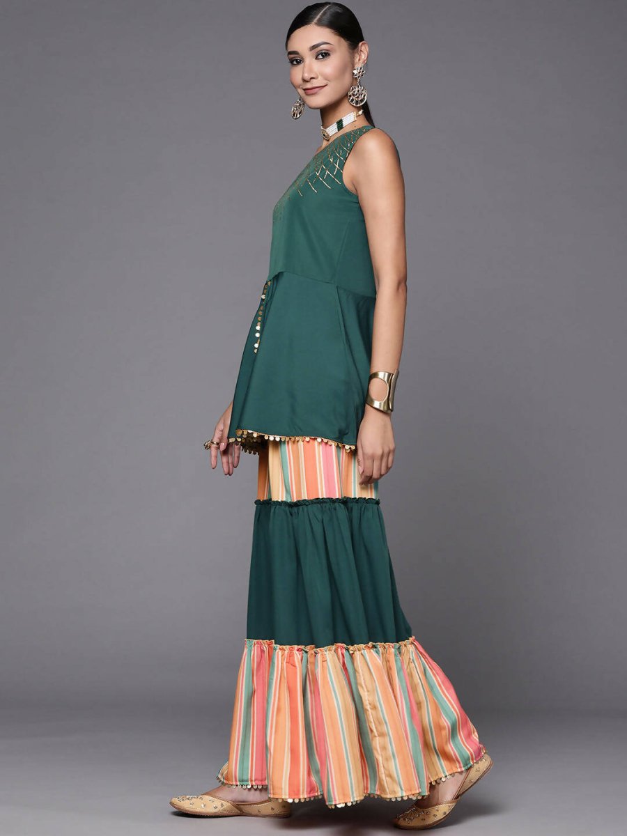 Ahalyaa Green Yoke Geometric Printed High Slit Sequinned Kurti with Sharara - Distacart