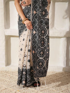 Shree Shyam Fashion Linen Cotton Black & Cream Saree - Distacart