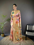 Joban Fashion Peach Zari Woven Floral Motifs Soft Silk Paithani Silk Saree - Distacart