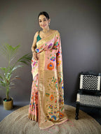 Joban Fashion Peach Zari Woven Floral Motifs Soft Silk Paithani Silk Saree - Distacart