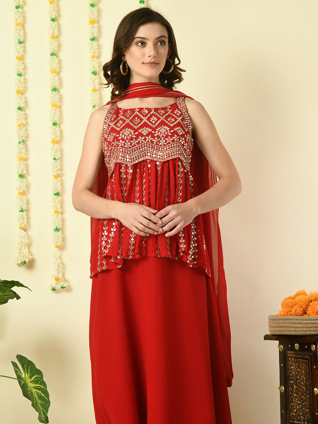 Myshka Women's Red Georgette Top & Skirt With Dupatta Party Sets