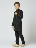 Joban Fashion Kids Island Full Sleeves Chanderi Kurta, Pyjama Set with Traditional Butta Work - Black - Distacart