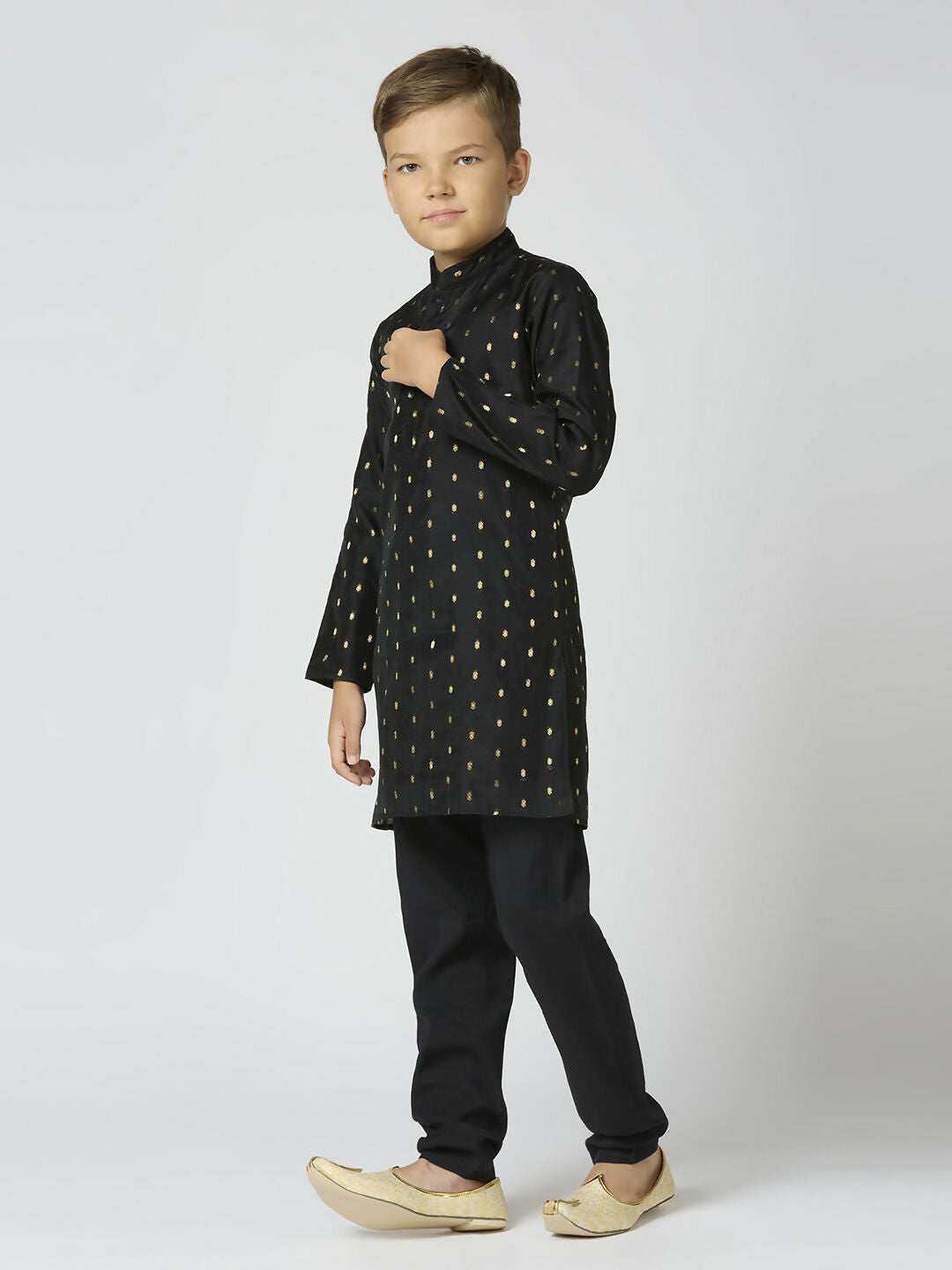 Joban Fashion Kids Island Full Sleeves Chanderi Kurta, Pyjama Set with Traditional Butta Work - Black - Distacart