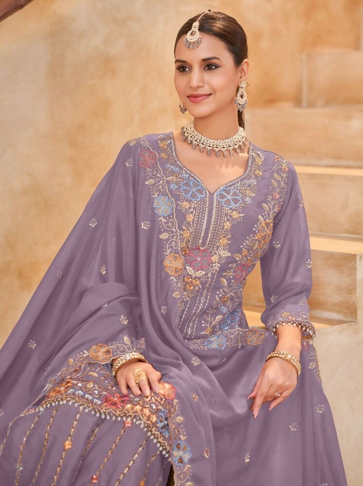 Anaita Lavender Vichitra Silk Readymade Palazzo Suit with Embroidery & Lace Work - Distacart