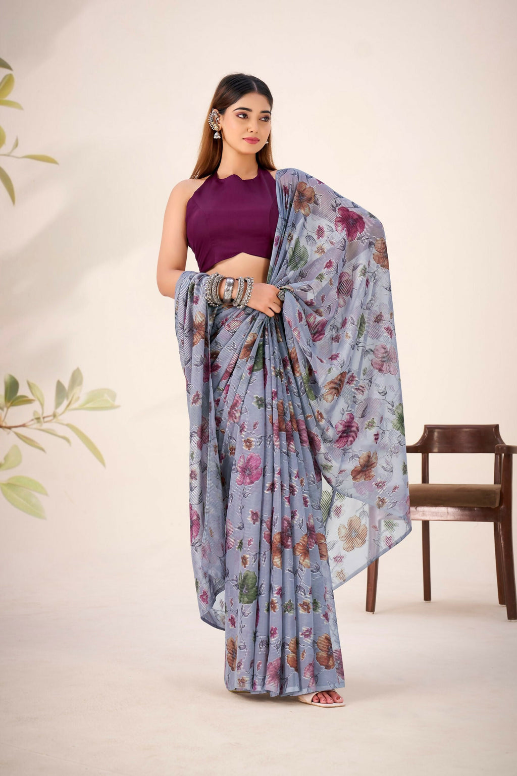 Vastranavya Grey Lurex Brasso Floral Printed Saree with Unstitched Blouse - Distacart