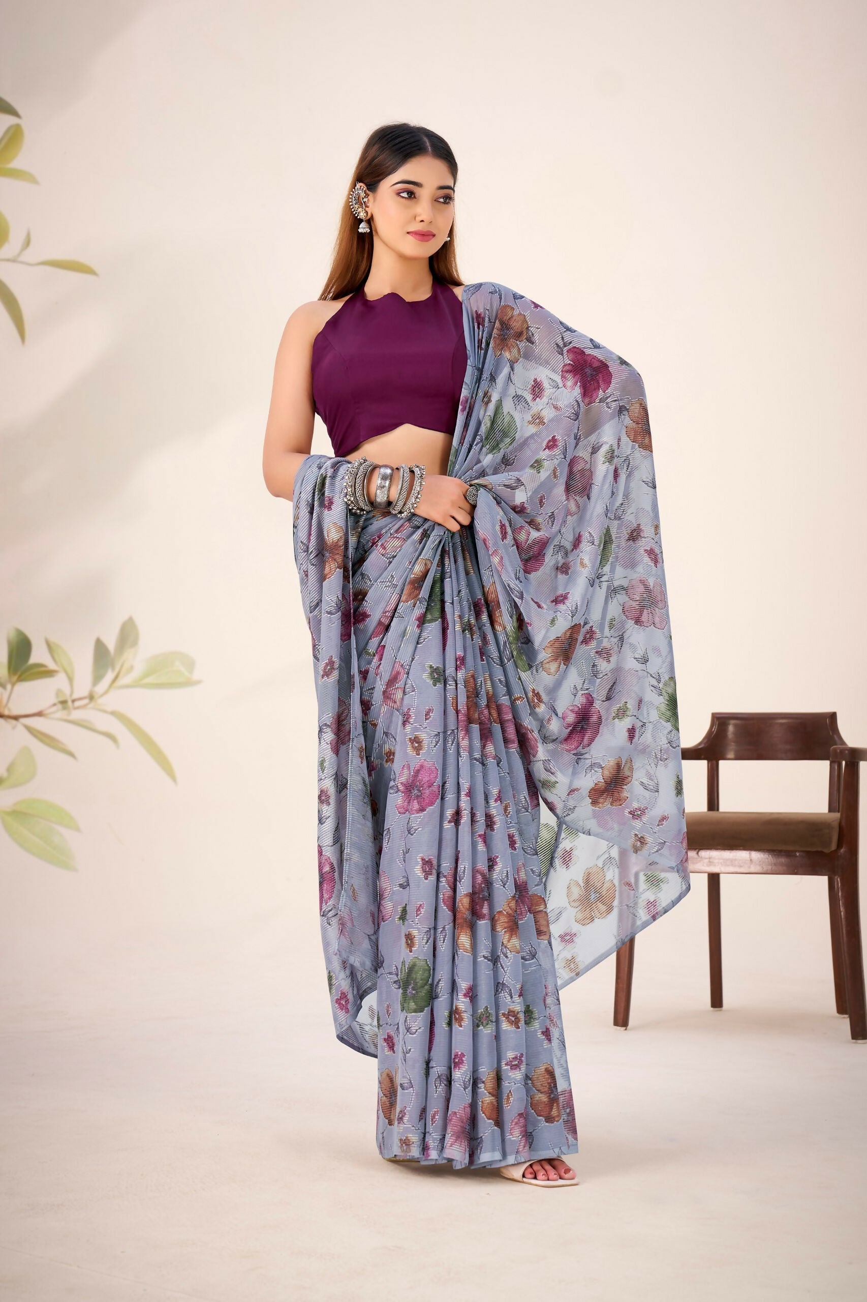 Vastranavya Grey Lurex Brasso Floral Printed Saree with Unstitched Blouse - Distacart