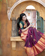 DEIANA'S Beautiful Designer Golden zari Soft Lichi Silk Saree - Wine