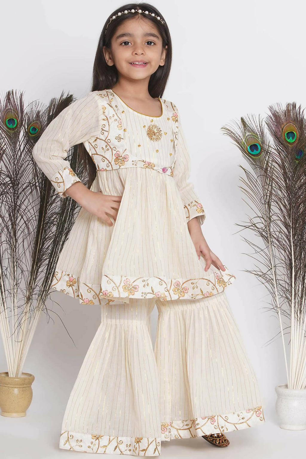 Little Bansi Floral Embroidery Jacket With Cotton Lurex Frock Sharara And Dupatta With Ghungroo Handwork - Cream