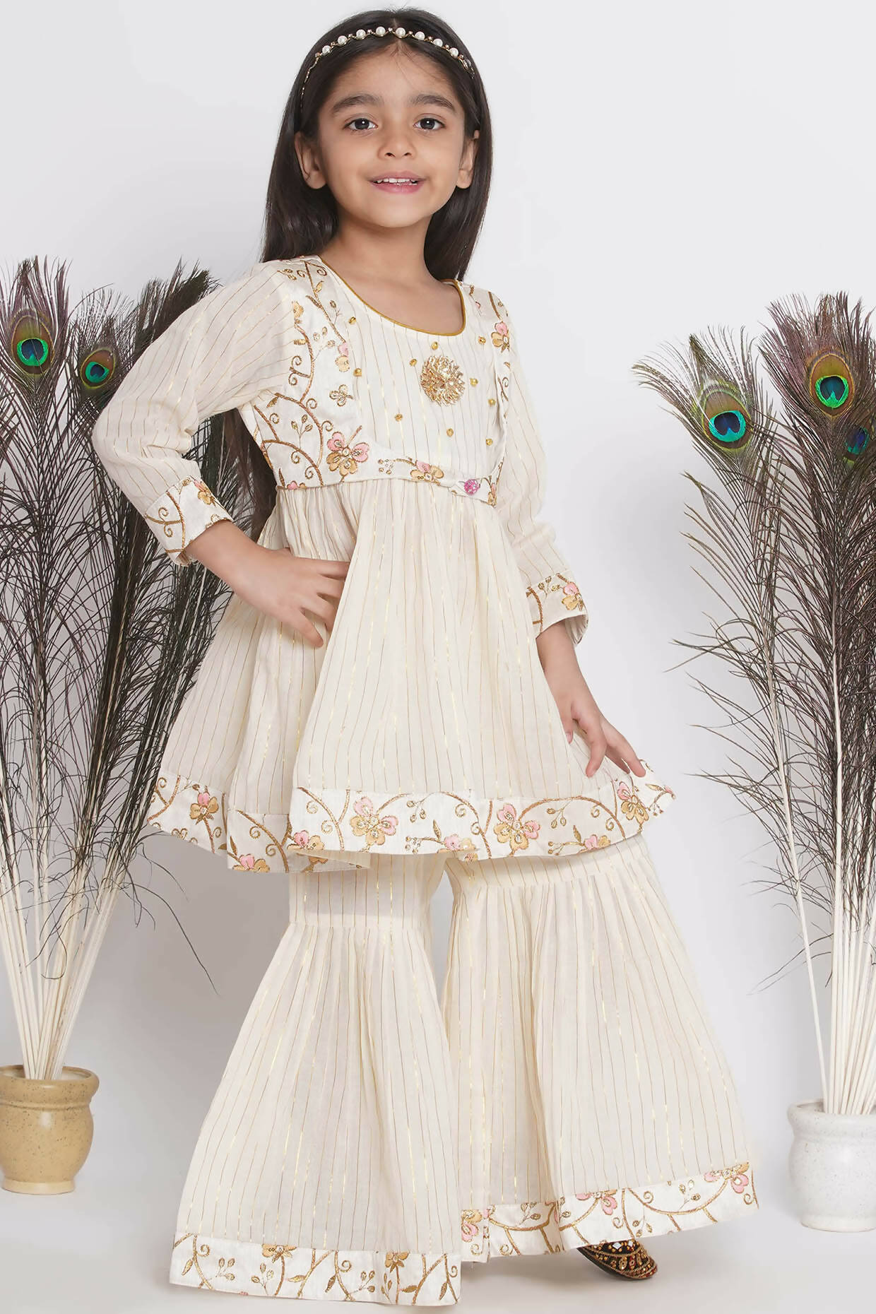 Little Bansi Floral Embroidery Jacket With Cotton Lurex Frock Sharara And Dupatta With Ghungroo Handwork - Cream