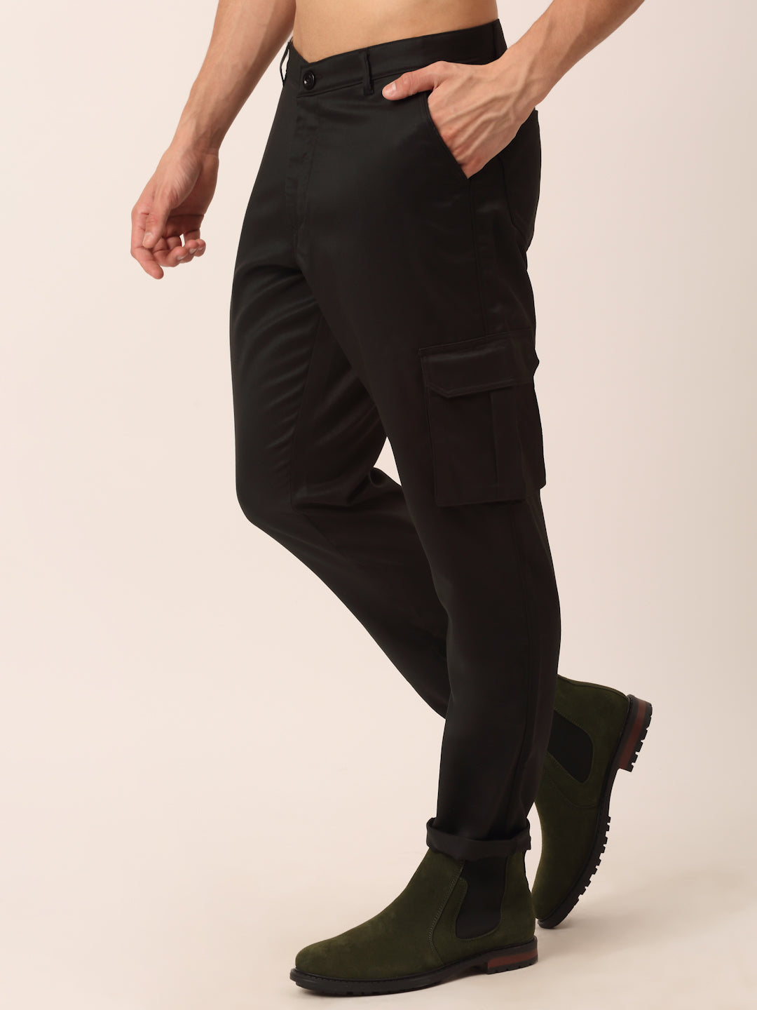 Jainish Men's Casual Cotton Solid Cargo Pants ( KGP 154 Black ) - Distacart