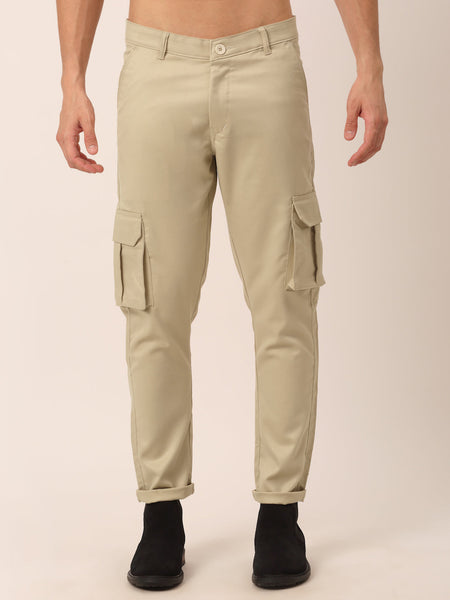 Jainish Men's Casual Cotton Solid Cargo Pants ( KGP 154 Cream )
