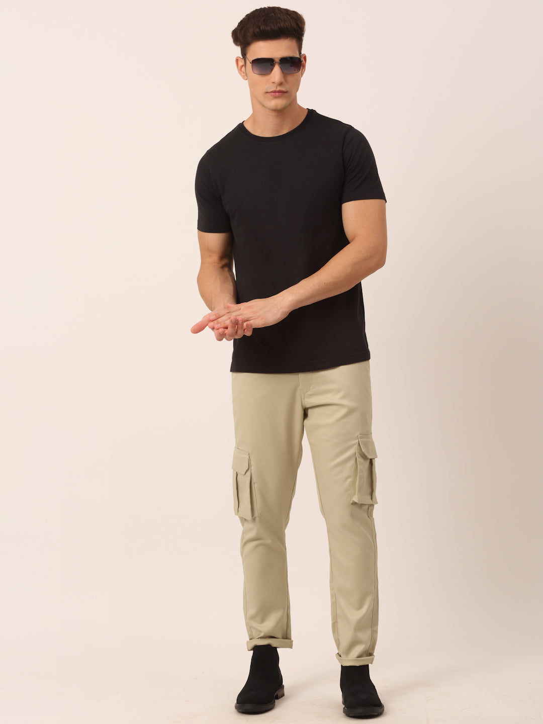 Jainish Men's Casual Cotton Solid Cargo Pants ( KGP 154 Cream ) - Distacart