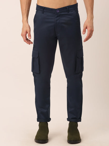 Jainish Men's Casual Cotton Solid Cargo Pants ( KGP 154 Navy-Blue )