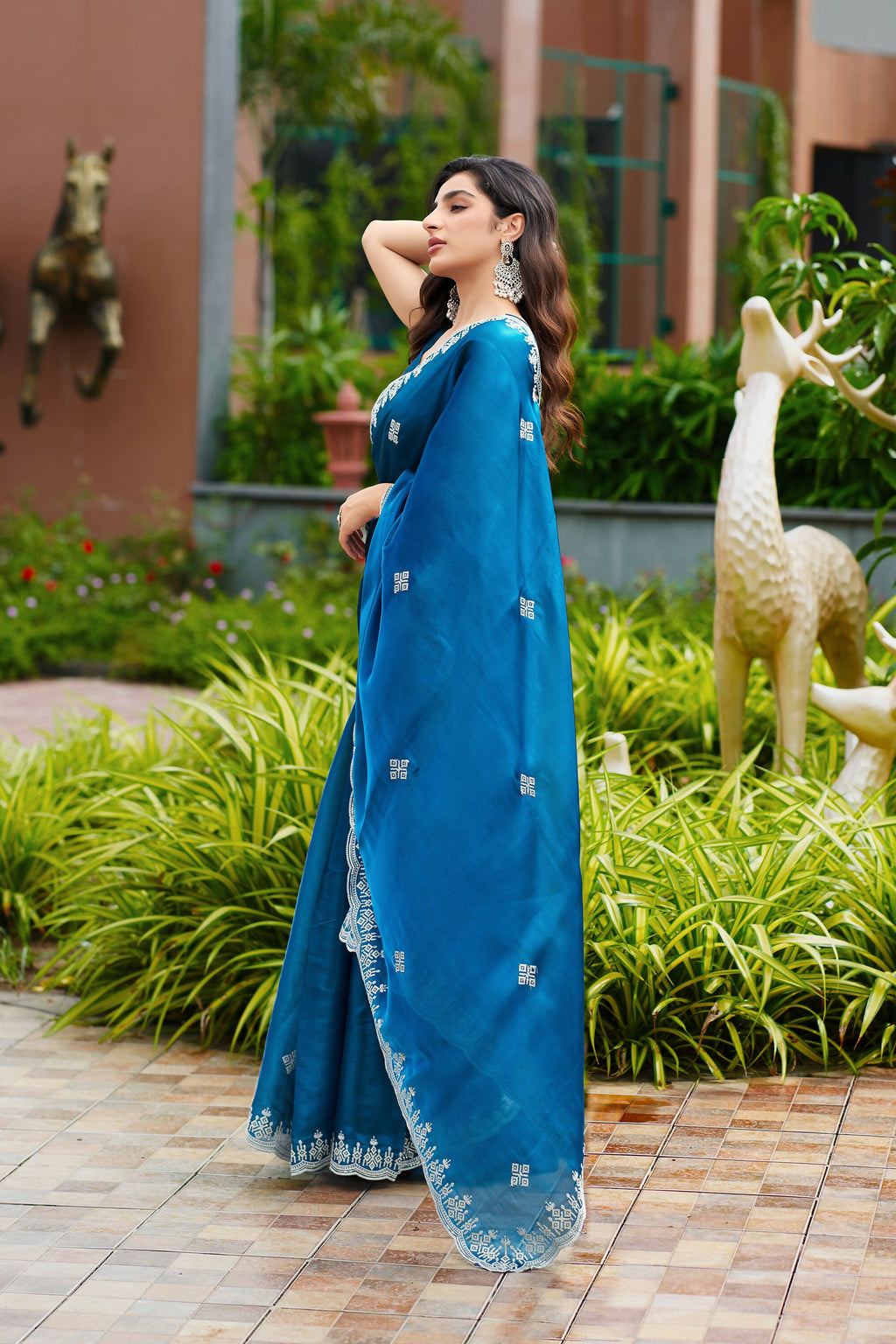 Vastranavya Firozi Embroidery Work Shimmer Chiffon Saree with Unstitched Blouse - Distacart