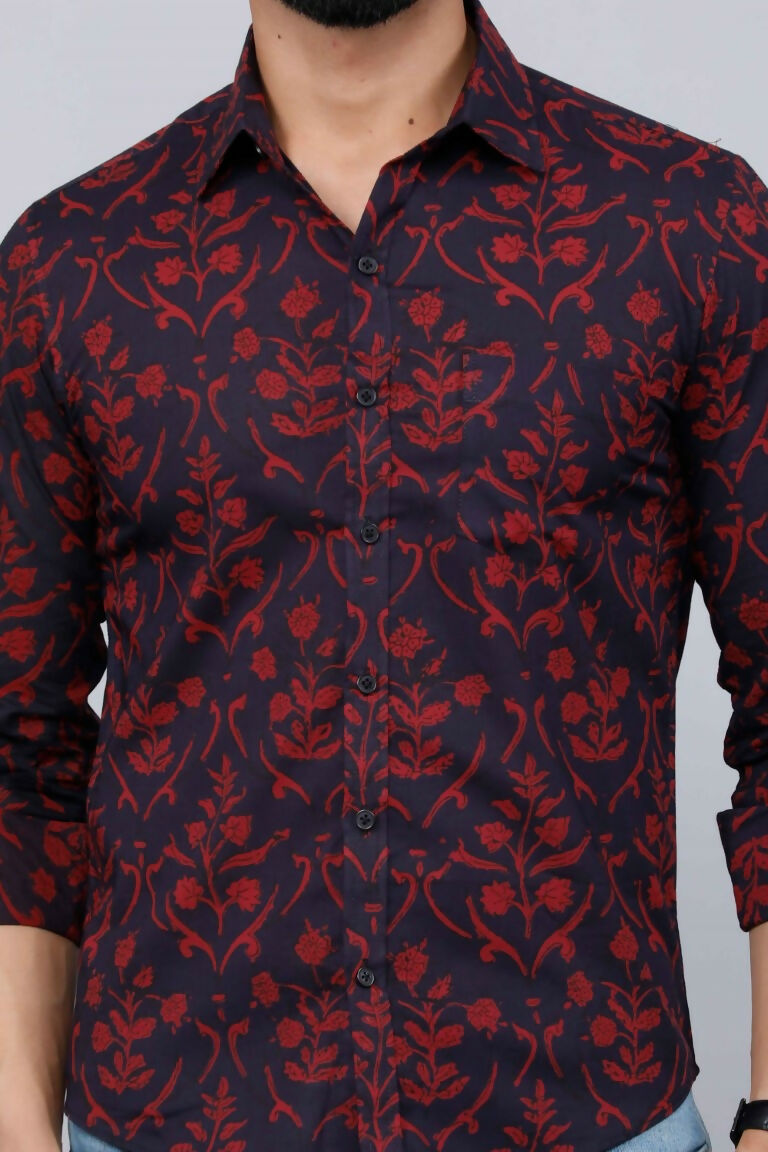 Miravan Men's Maroon Floral Printed Casual Full Sleeves Cotton Shirt