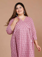 Miravan Women's Plus Size Pink Floral Printed Cotton Anarkali Kurta With Dupatta