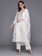 Indo Era White Embroidered Straight Kurta Trousers With Dupatta Set - Distacart
