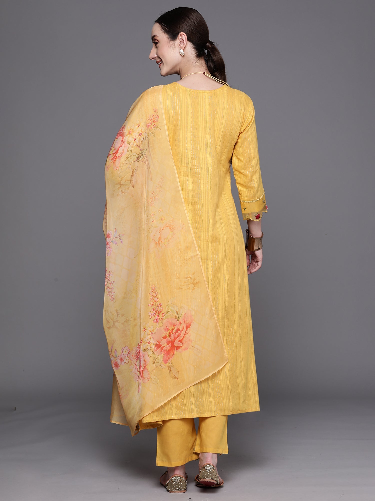 Indo Era Yellow Embroidered A-Line Kurta Trousers With Dupatta Set - Distacart