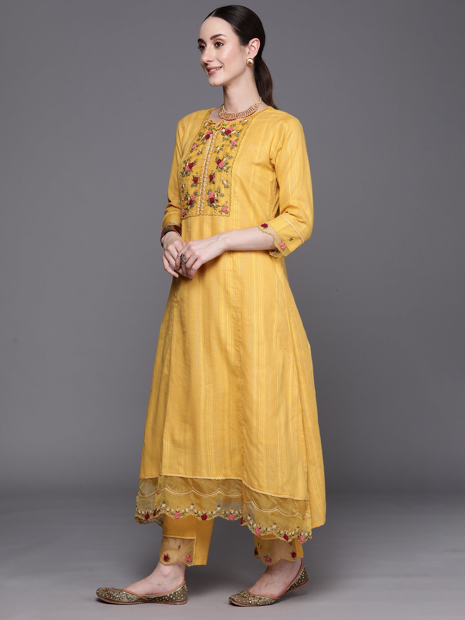 Indo Era Yellow Embroidered A-Line Kurta Trousers With Dupatta Set - Distacart