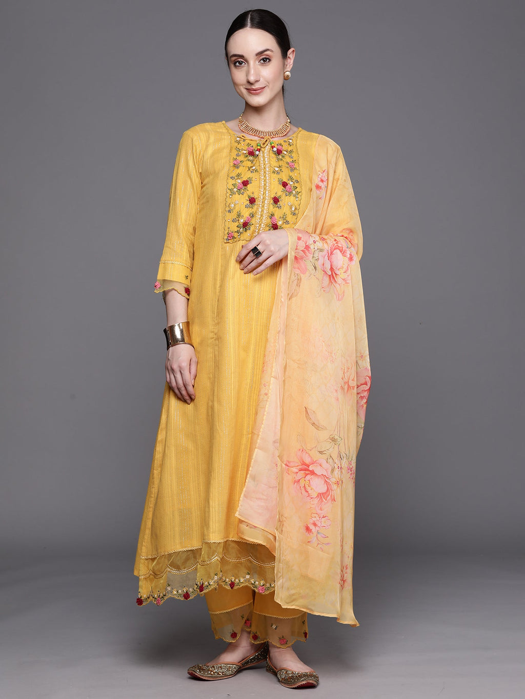 Indo Era Yellow Embroidered A-Line Kurta Trousers With Dupatta Set - Distacart