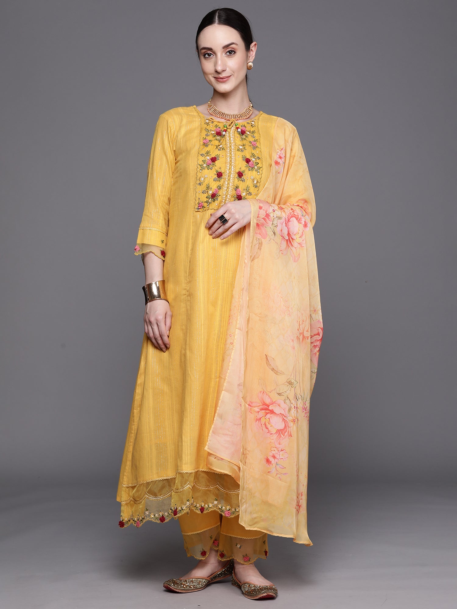 Indo Era Yellow Embroidered A-Line Kurta Trousers With Dupatta Set - Distacart