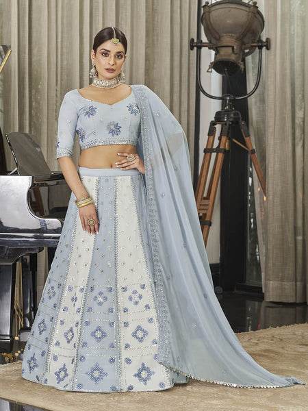 Myra White & Sky Multicolour Georgette Embroidered Designer Lehenga Choli