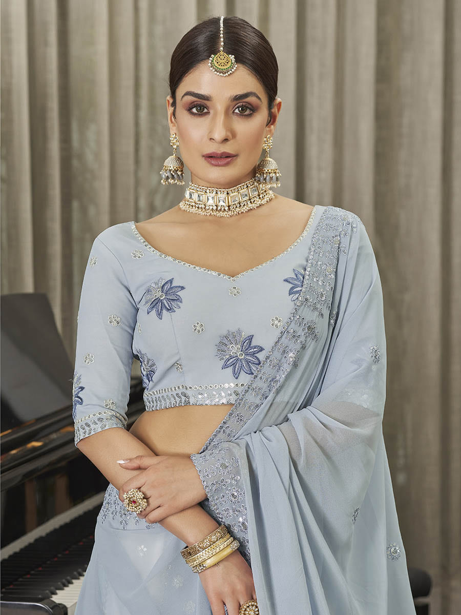 Myra White & Sky Multicolour Georgette Embroidered Designer Lehenga Choli