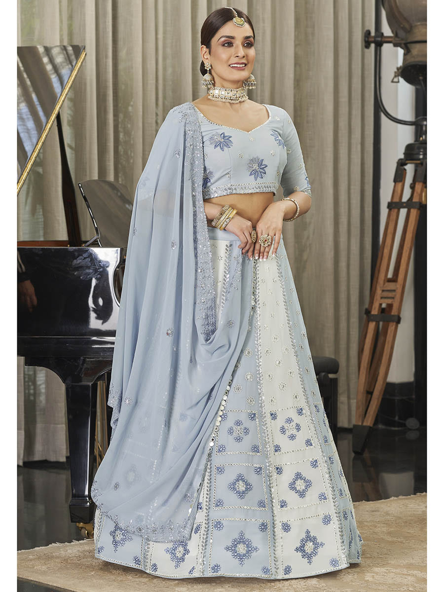 Myra White & Sky Multicolour Georgette Embroidered Designer Lehenga Choli