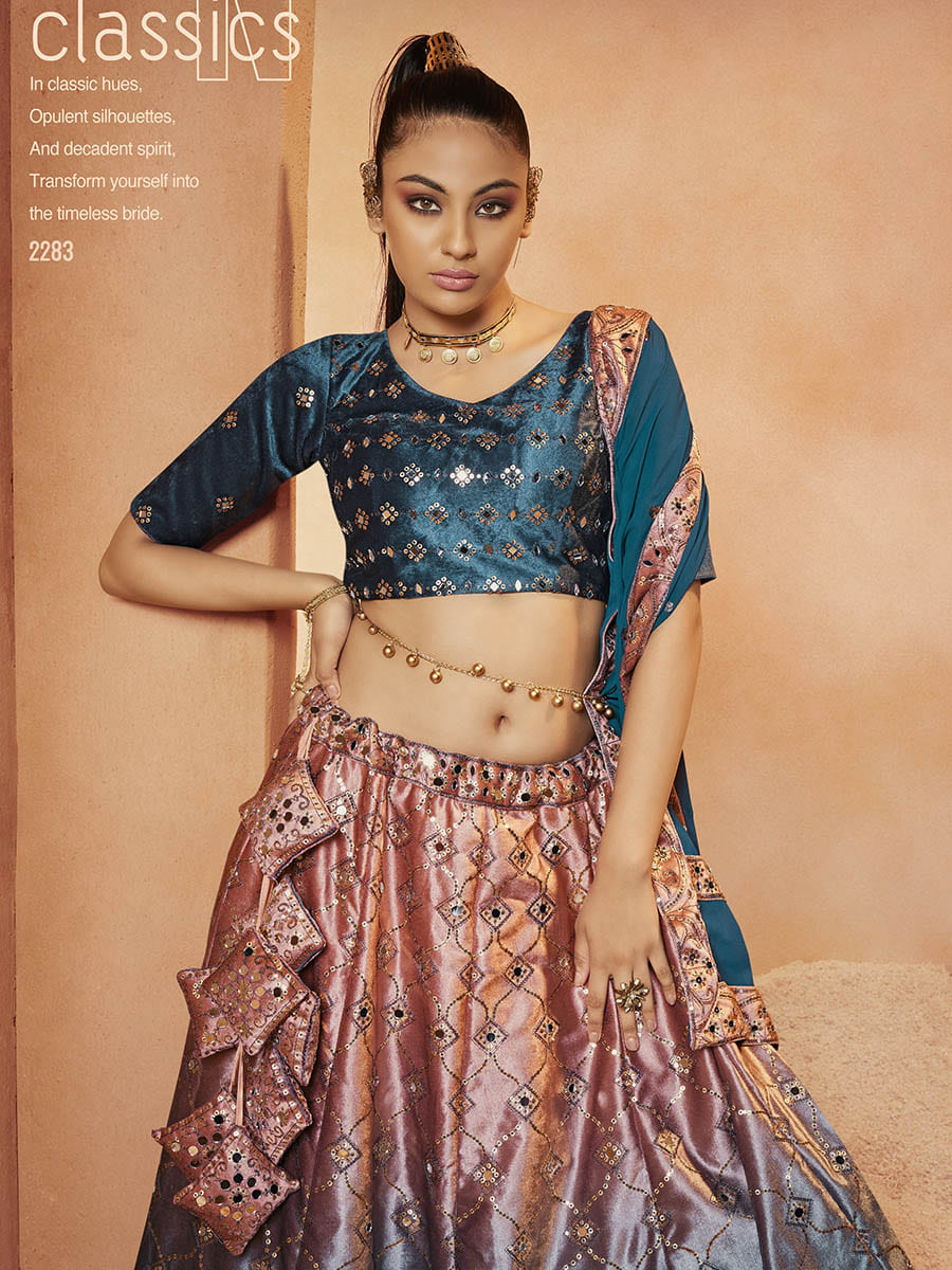Myra Teal Blue Velvet Embroidered Designer Lehenga Choli