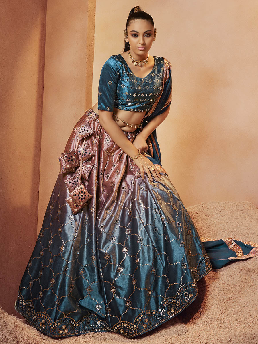 Myra Teal Blue Velvet Embroidered Designer Lehenga Choli