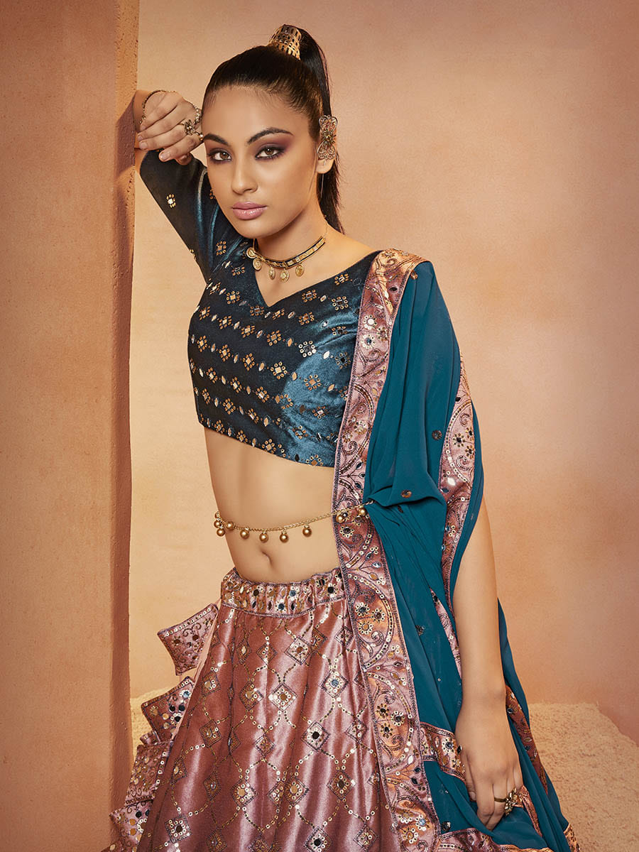 Myra Teal Blue Velvet Embroidered Designer Lehenga Choli