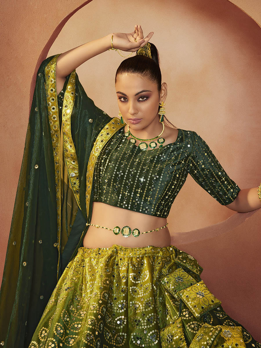 Myra Green Velvet Embroidered Designer Lehenga Choli