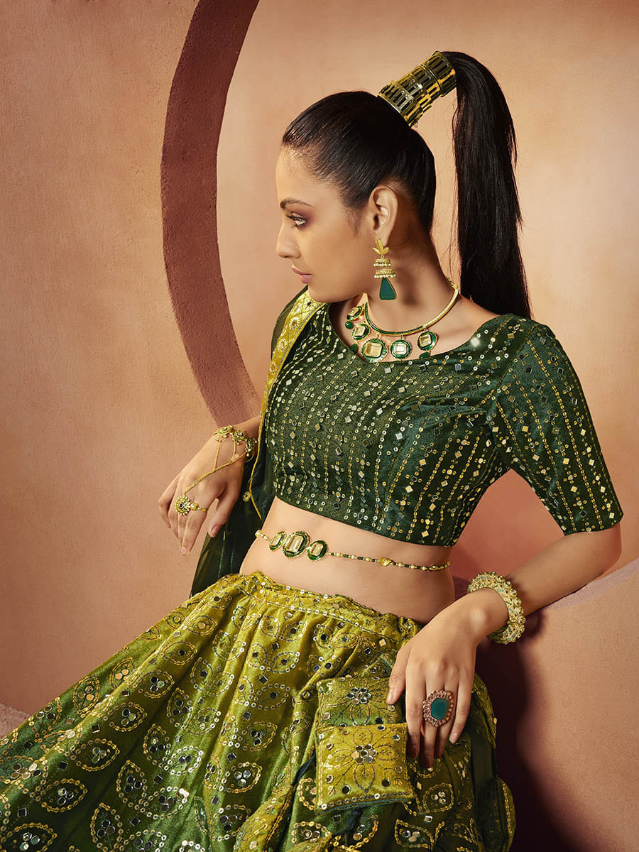 Myra Green Velvet Embroidered Designer Lehenga Choli