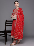 Indo Era Red Printed Straight Kurta Trousers With Dupatta Set - Distacart