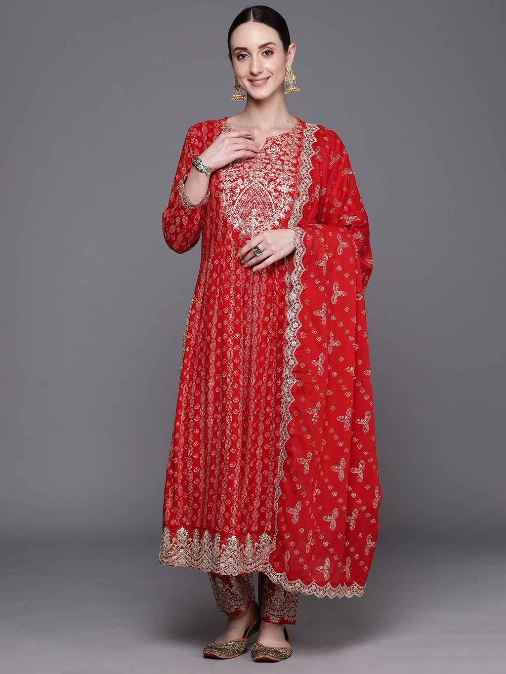 Indo Era Red Printed Straight Kurta Trousers With Dupatta Set - Distacart