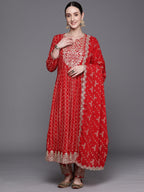 Indo Era Red Printed Straight Kurta Trousers With Dupatta Set - Distacart