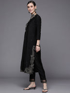 Indo Era Black Embroidered Straight Kurta Trousers With Dupatta Set - Distacart