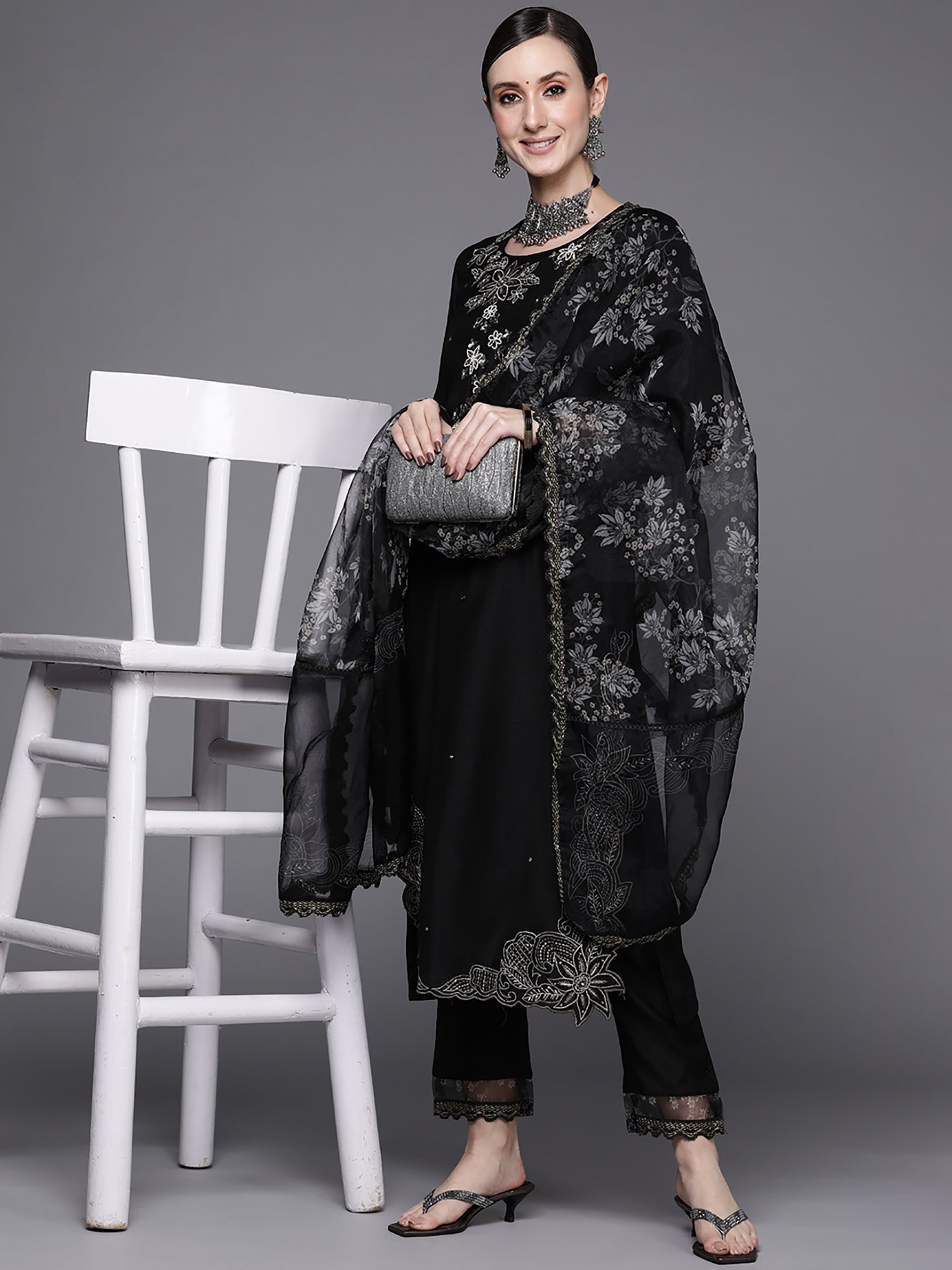 Indo Era Black Embroidered Straight Kurta Trousers With Dupatta Set - Distacart
