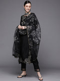Indo Era Black Embroidered Straight Kurta Trousers With Dupatta Set - Distacart